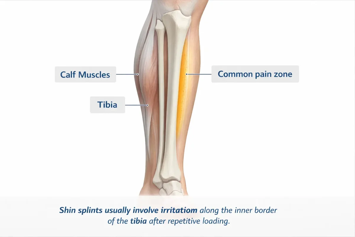 Anatomy of shin splints showing pain along the front and inner shin
